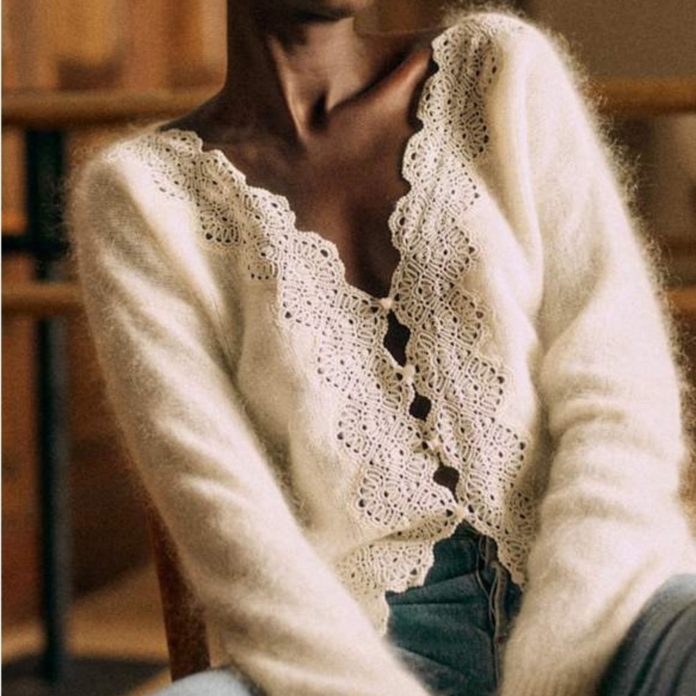 Sezane Cream Astride Lace-trimmed Sweater